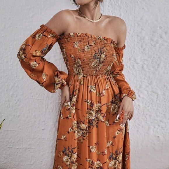 Orange floral print shirred off the shoulder long sleeve dress - Picture 1 of 11